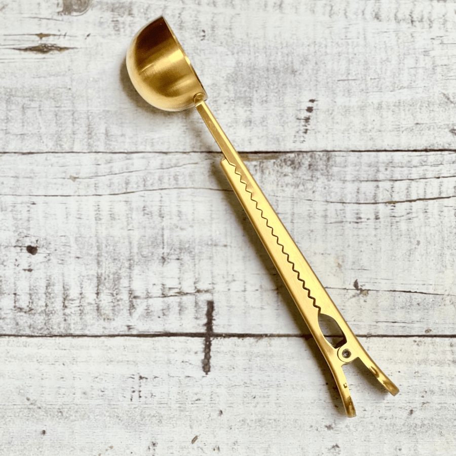Gold finished coffee measuring scoop with bag clip (set of 2